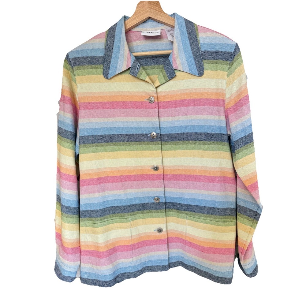 VTG Alfred Dunner Striped Rainbow 🌈 Shirt‎ Jacket Shacket Linen Cotton Size 10